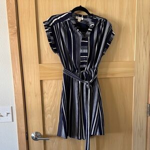 Monteau Navy and White Striped Belted Mini Dress